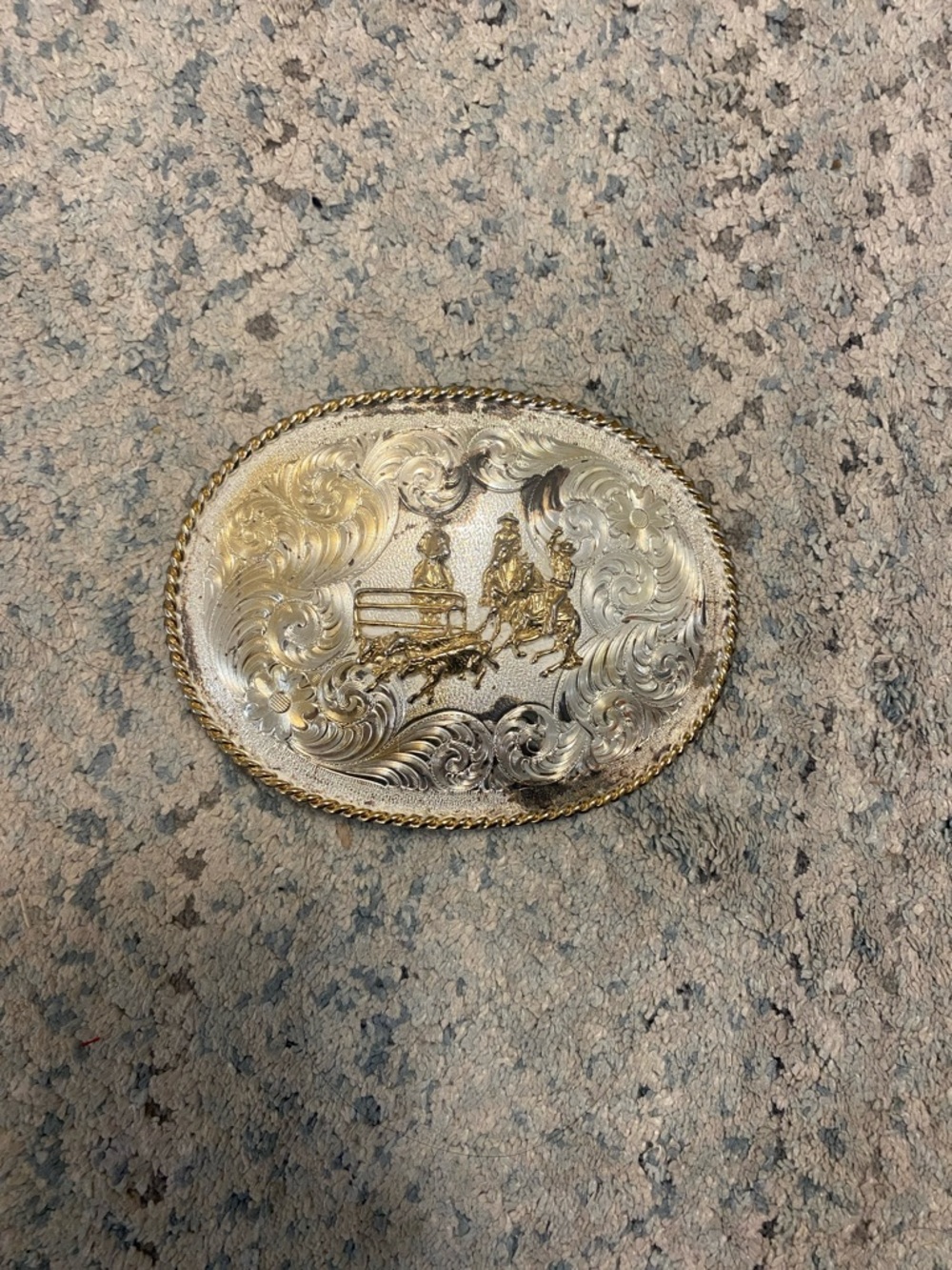 Engraved Oval Western Belt Buckle in Silver & Gold Tone